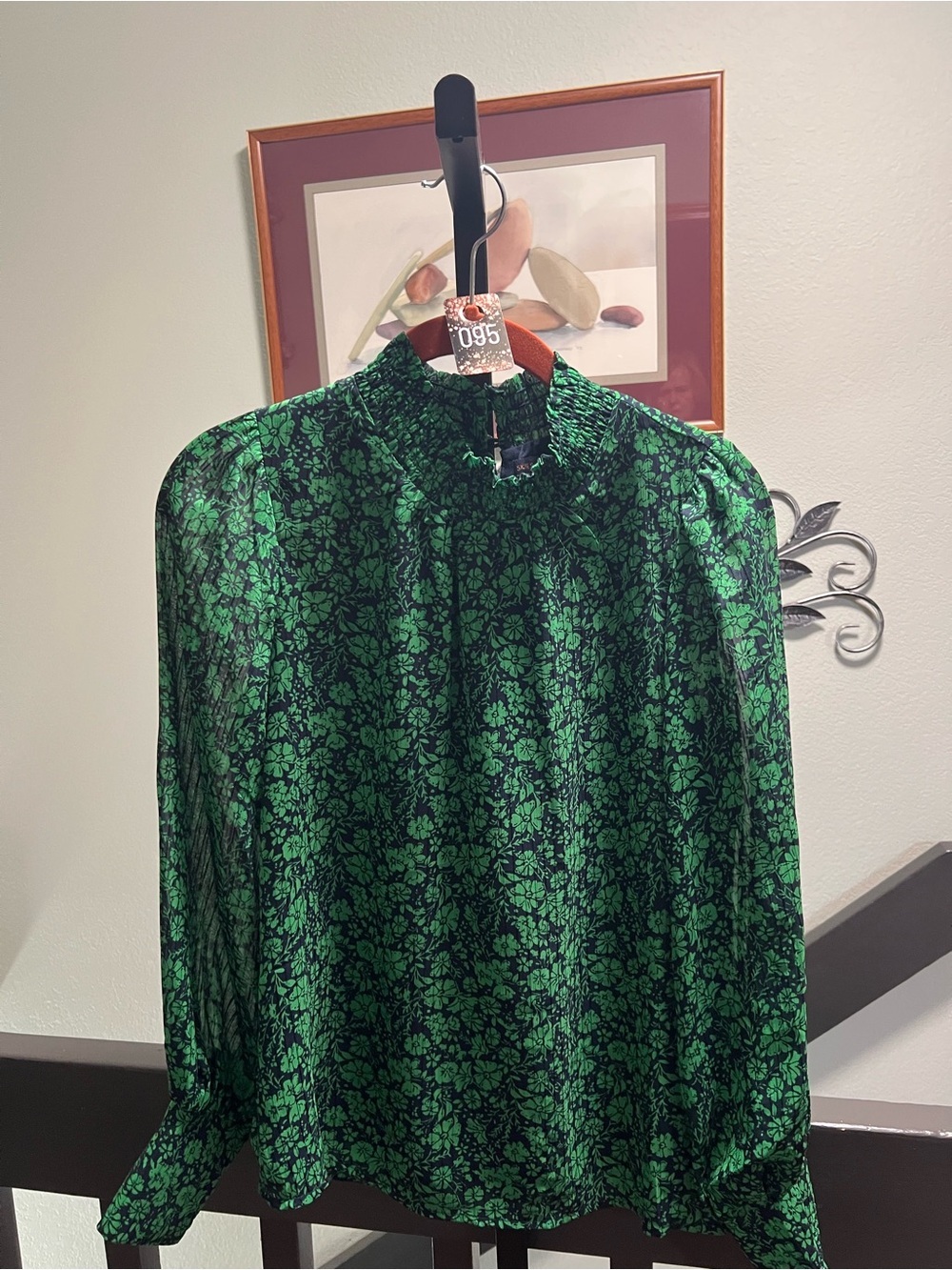 NWOT Skies Are Blue, Black & Green Floral Blouse Long-sleeves XS #095